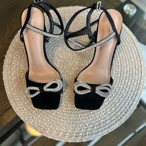 Top Moda Black Strappy Heels with Rhinestone Bow